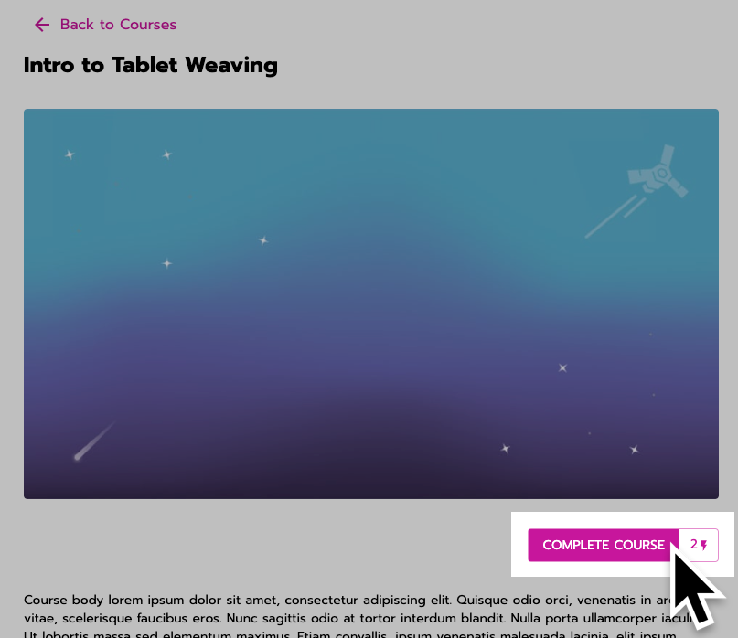 Under the course image, a user clicks the 'complete course' button.