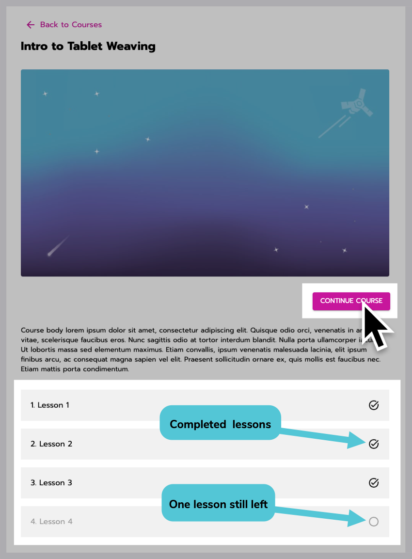 On the course home page, there is a list of 4 lessons. 3 of them are checked off because they are completed. One is not checked because the user still has to complete it. The user clicks the 'continue course' button to keep going.