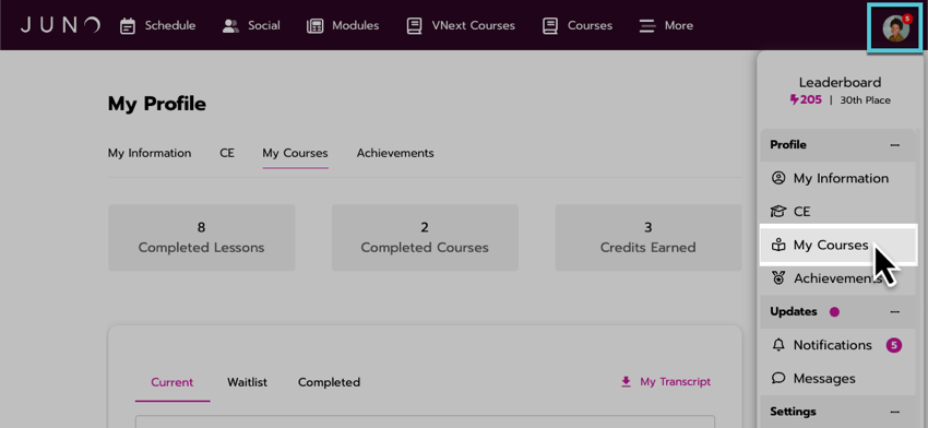 The profile dropdown menu is open in the corner of the screen. The 'My Courses'  button is highlighted under the 'Profile' subsection.