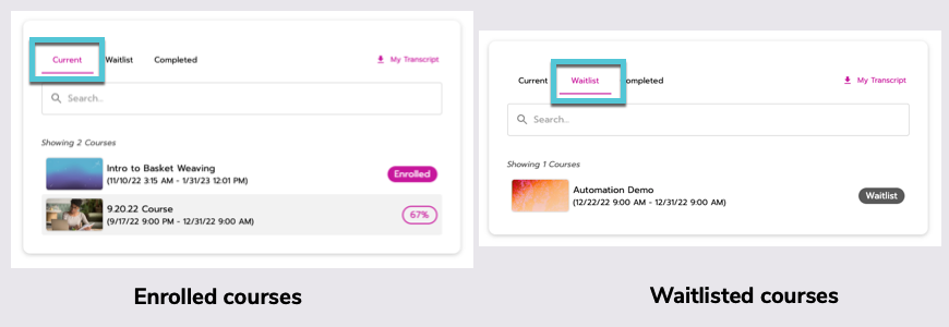 Two screenshots are shown, comparing a list of enrolled courses in the 'current' tab and waitlisted courses in the 'waitlist' tab.