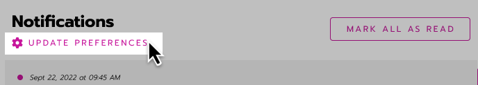 The 'Update preferences' link is below the title 'Notifications' at the top of the notifications inbox.