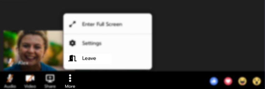 After clicking the 3 dots (More) icon in the control bar, an expanded menu shows three options. The 'Leave' option is highlighted.