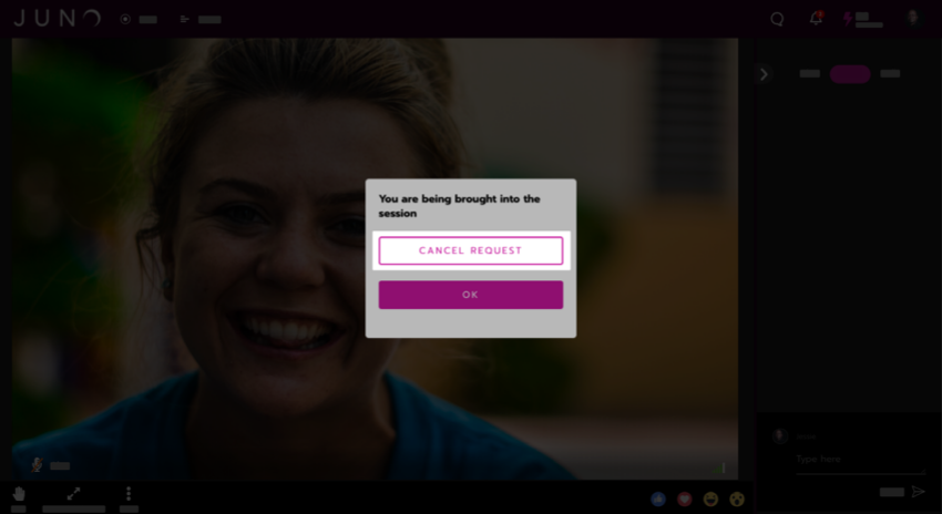 A dialog confirming that your request was accepted and you're being brought into the session. There are two buttons to select, either 'Cancel request' or 'OK.'