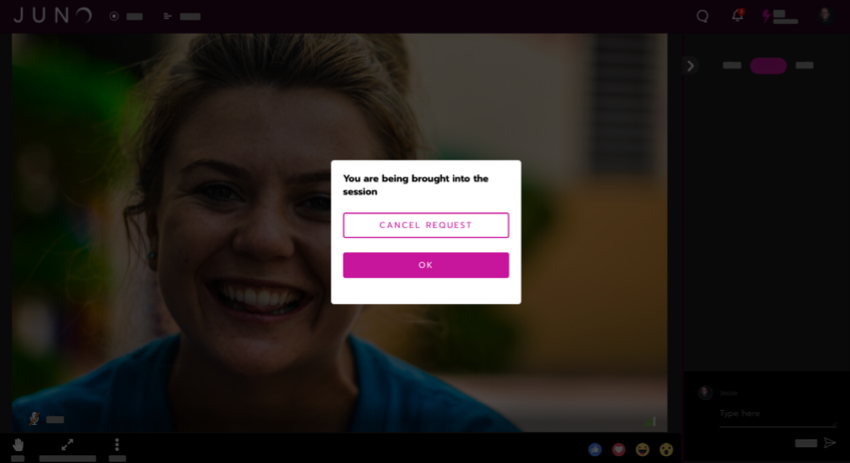 A dialog confirming that your request was accepted and you're being brought into the session. There are two buttons to select, either 'Cancel request' or 'OK.'