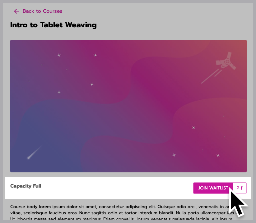 On the left under the course image, a status indicator says 'Capacity full.' To the right, a user selects the 'Join Waitlist' button.