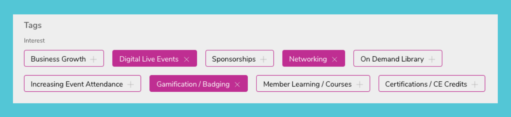 Screenshot of a group of tags in the editor. Three out of nine of them are selected.