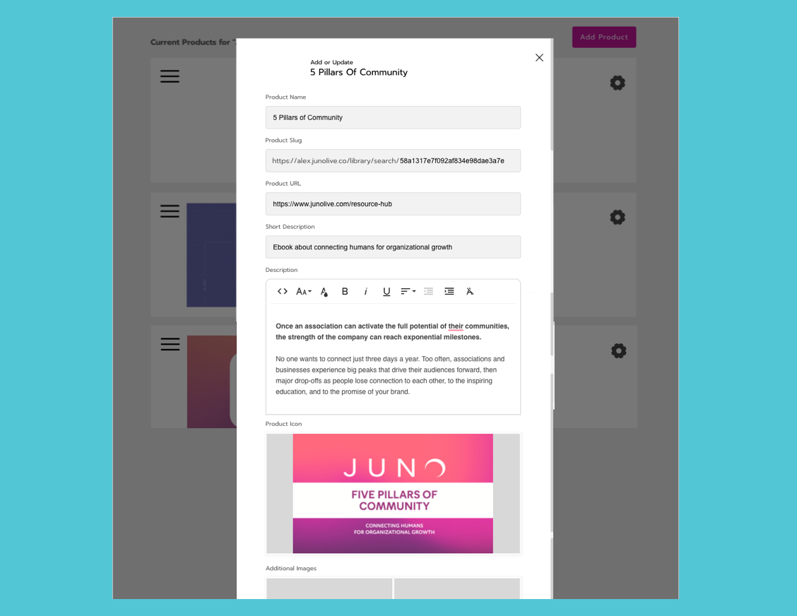 The product editor is a pop-up window that includes multiple fields for text and previews of uploaded images.