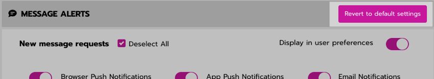 The 'Revert to default settings' button is located next to the category title 'message alerts.'