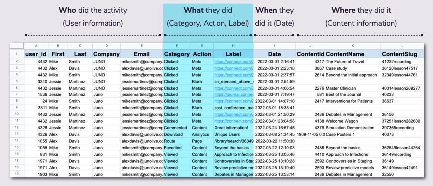 Annotations group a report's columns into sections- Who, What, When, and Where. The What section is highlighted.