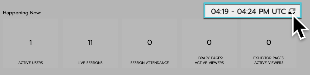 A list of data is titled Happening Now. To the right, the clock displays a time and the refresh button is being selected.