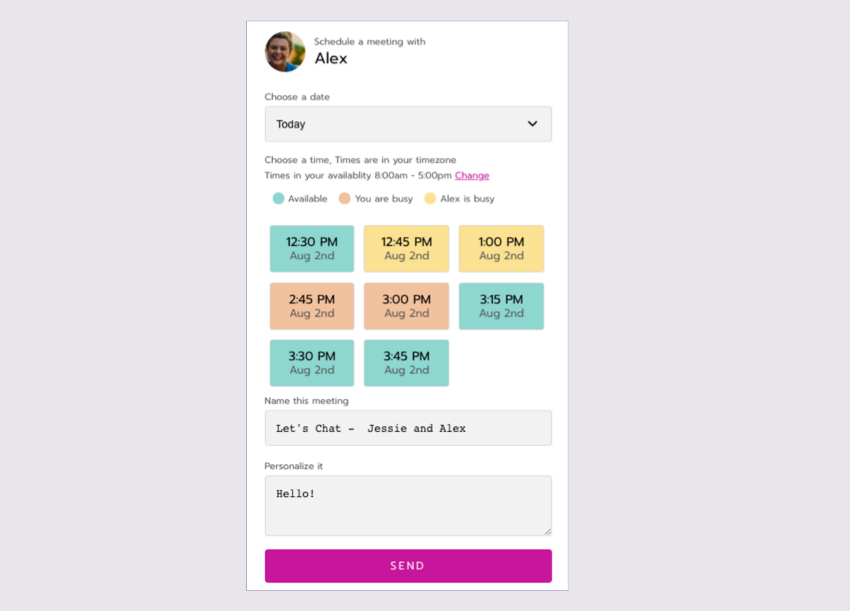 The scheduling calendar shows multiple times in different colors. Blue times are available. Orange and yellow times are when you or invitee are busy.