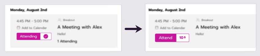 A before an after of the Attending button when it's deselected on a scheduled meeting.