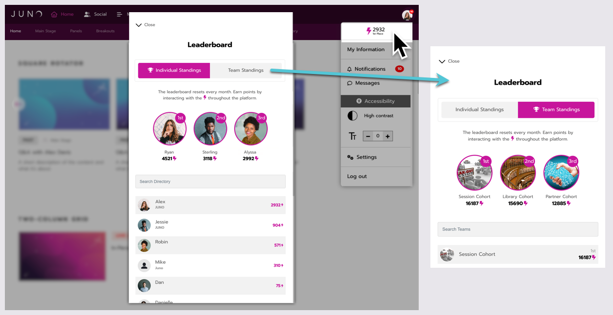 After clicking the profile icon, then the lightning bolt icon, the leaderboard opens in a pop-up. It features the top 3 users, with the rest listed below. The team standings are in a second tab at the top of the leaderboard.