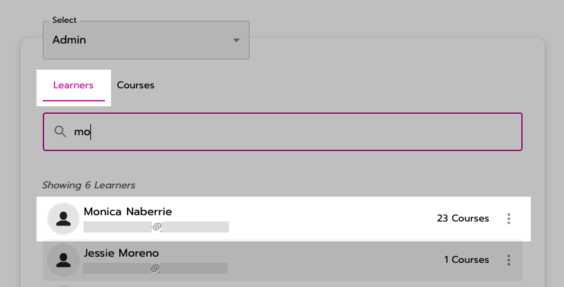 In the 'learners' tab, the listing for one learner is highlighted. Their name, email, and number of courses are shown.