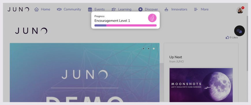 On an exhibitor's page, a pop-up notification shows a progress bar for a badge called 'Encouragement Level 1'.